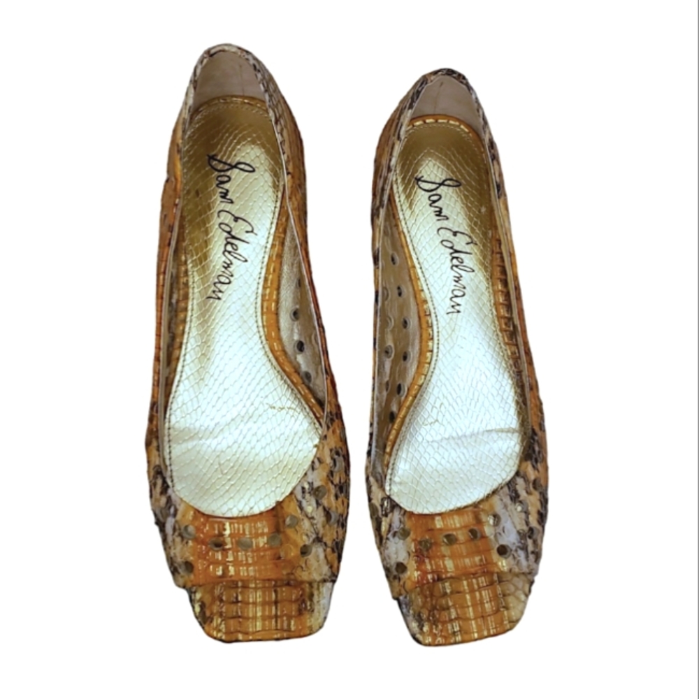 Sam Edelman Riley peep toe flats sandals orange Leather snakeskin  SZ 8